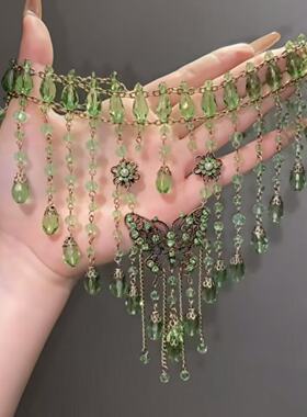 甜酷重工水滴串珠绿色蝴蝶项链2026精致高级新款小众辣妹流苏锁骨