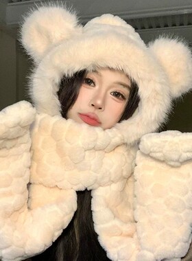 毛绒帽子围巾手套一体女秋冬季百搭加厚保暖骑车防寒护耳连帽围脖