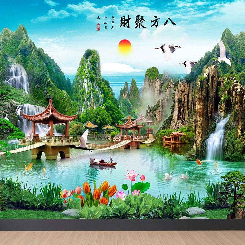 山水墙纸自粘风景装饰画背景墙客厅装饰壁画粘画卧室办公室玄关