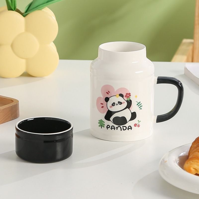 马克杯带盖勺创意杯子女生熊猫高颜值陶瓷水杯儿童办公室咖啡杯男