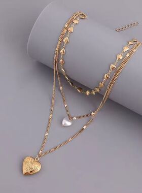 欧美爱心珍珠项链女甜酷风多层叠戴气质颈链复古个性桃心锁骨链潮
