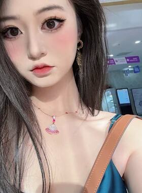 全新高定社交无压力渐变粉蓝宝粉钻裙子扇子海蓝宝红S925项链七夕