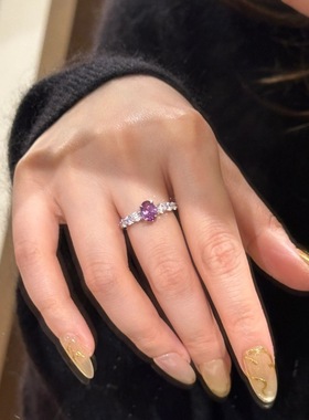 925轻奢高级感复古圆型白钻排钻紫色鸽子蛋戒指时尚大方气质指环