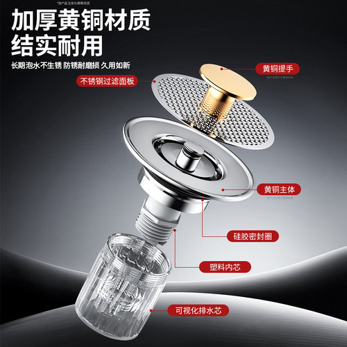 洗手盆洗脸盆漏水塞面盆弹跳芯下水器配件按压式水池过滤网防臭 - 图0