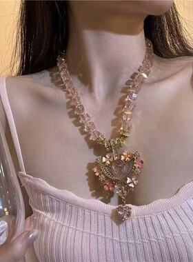 中古vintage睡梦天使吊坠爱心项链女复古珐琅粉色闪钻串珠锁骨链