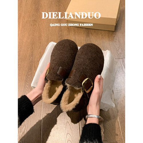 内增高勃肯鞋女款2025新款冬季爆款加绒保暖一脚蹬两穿雪地棉鞋子 - 图0