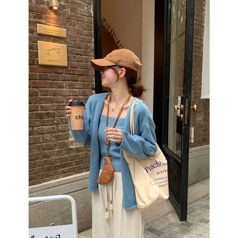 蓝色两件套长袖软糯针织开衫女秋2026新款大码内搭毛衣外套上衣,淘宝优惠券,粉丝福利购,淘宝优惠卷