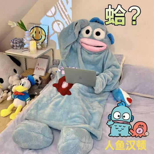 丑鱼儿童可爱搞怪连体睡衣亲子法兰绒秋冬季加厚珊瑚绒睡袍家居服