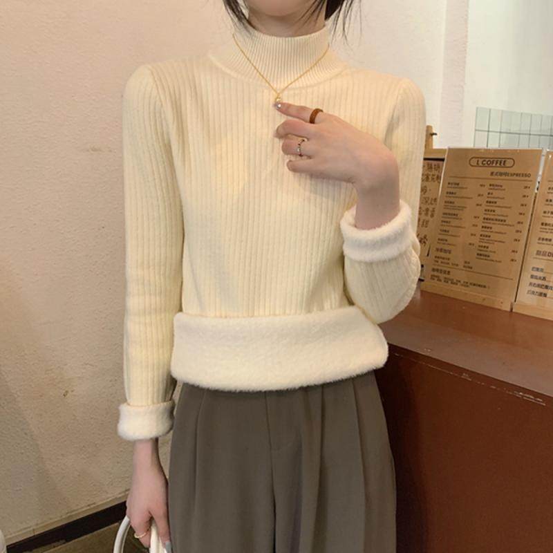 半高领一体绒毛衣女秋冬新款大码内搭加绒加厚针织打底衫套头上衣,淘宝优惠券,粉丝福利购,淘宝优惠卷
