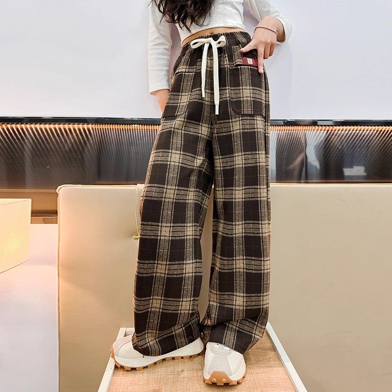 女童格子阔腿裤秋冬款2025新款儿童春秋款休闲裤子大童加绒直筒裤,淘宝优惠券,粉丝福利购,淘宝优惠卷