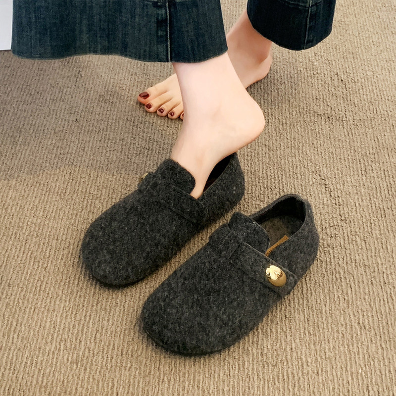 厚底灰色勃肯鞋女加绒毛毛豆豆鞋2025新款冬季鞋子一脚蹬乐福棉鞋,淘宝优惠券,粉丝福利购,淘宝优惠卷
