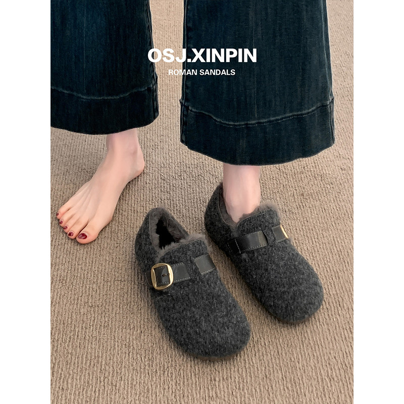 灰色两穿毛呢勃肯鞋女2025冬季新款百搭加绒保暖一脚蹬厚底棉鞋子,淘宝优惠券,粉丝福利购,淘宝优惠卷