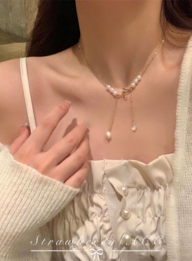双层流苏珍珠项链女小众山茶花锁骨链轻奢高级感气质脖颈链蝴蝶