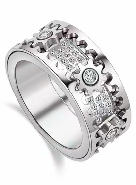 热卖齿轮戒指可转动戒指男女情侣旋转轮满天星指环潮流玫瑰金对戒