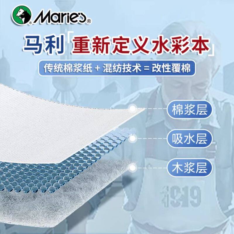 马利水彩纸本棉浆纸300g中粗纹细纹32K16K四面封胶水彩本A4A5水彩绘画本子全棉方形明信片手绘涂鸦美术生专用 - 图0