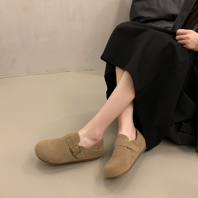 复古全包勃肯鞋女2025春秋休闲一脚蹬平底磨砂大码女鞋单鞋圆头 - 图0