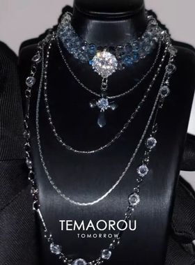 diy自制干净清冷色多层银蓝灰闪钻十字架项链女晚会配饰宴会颈链