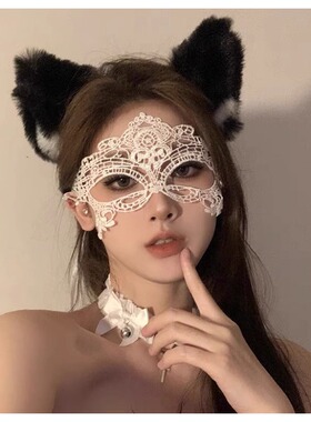 黑色蕾丝性感猫耳朵发箍禁欲系眼罩遮脸网纱万圣节头饰发饰女配饰