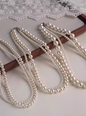 法式双层叠戴轻奢澳白色正圆人造珍珠项链女时尚串珠个性高级感
