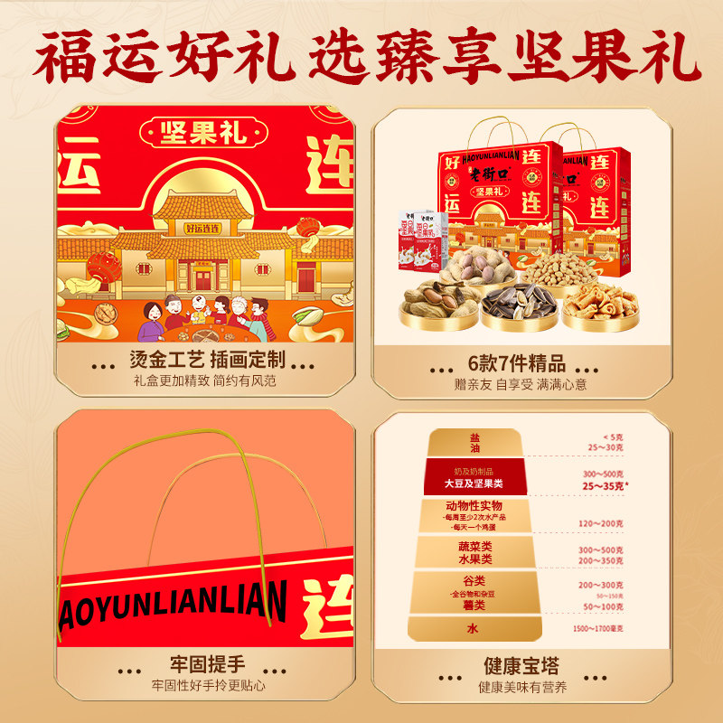 老街口好运连连坚果礼盒960g/6款7袋零食大礼包春节新年货礼盒