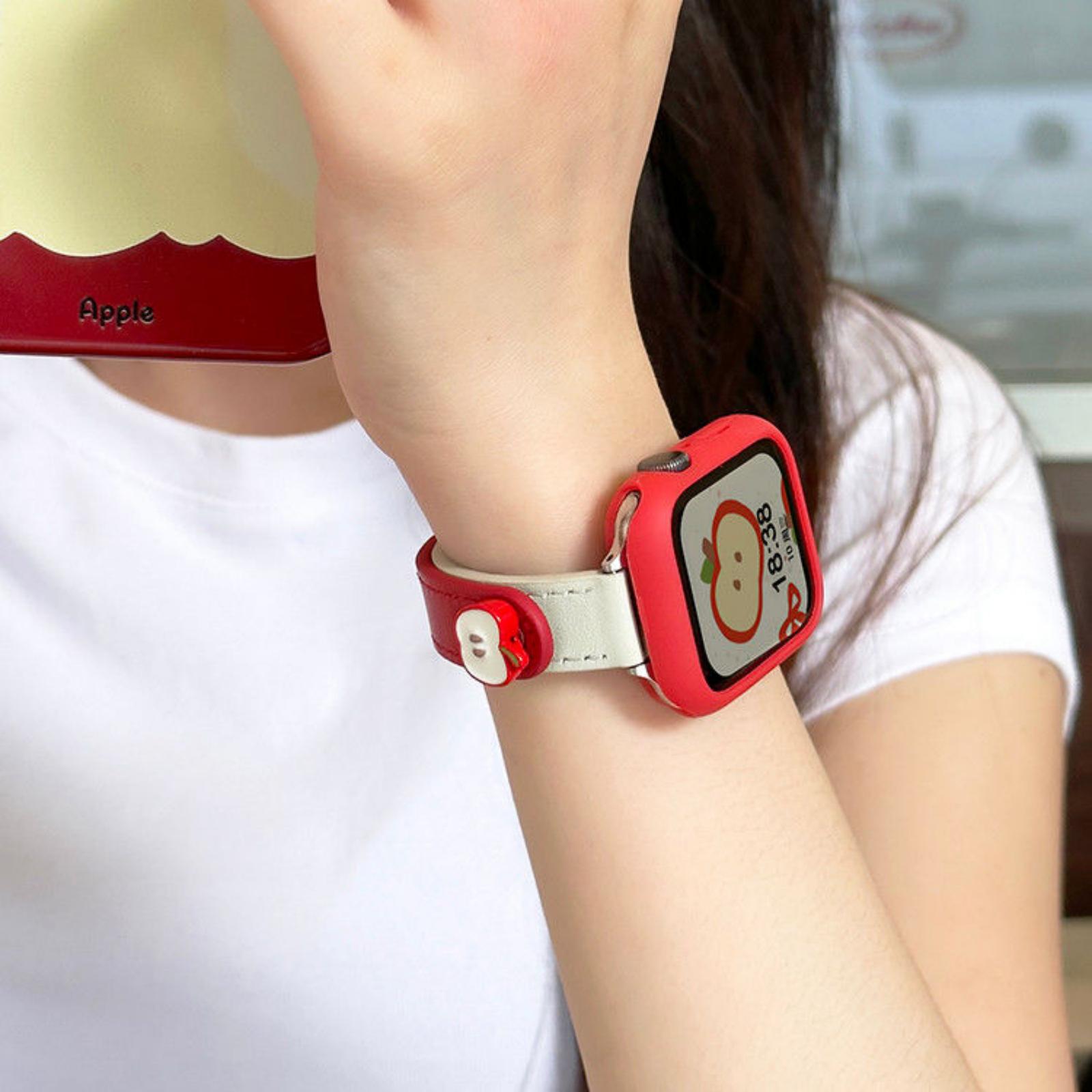 适用iwatchS11苹果手表SE3可爱大红苹果表带ApplewatchS10真皮质腕带ultra3夏天个性透气可调节s8夏季双钉扣 - 图1