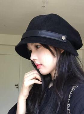 高级感灯芯绒渔夫帽女秋冬2026新款大头围帽子方圆脸显脸小贝雷帽