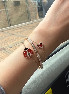 S925银红玛瑙瓢虫手链小众轻奢18K金七星瓢虫首饰女玫瑰金钛钢