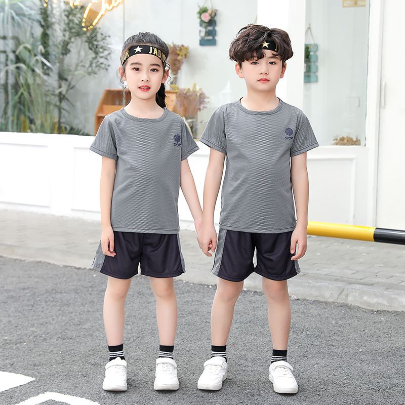 儿童短袖套装夏季男童速干运动套装女童t恤短裤足球服两件套孩子-图1