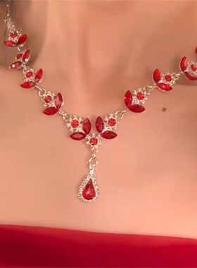 宫廷风红色水滴流苏项链耳环新娘晚礼服锁骨链轻奢高级配饰气质