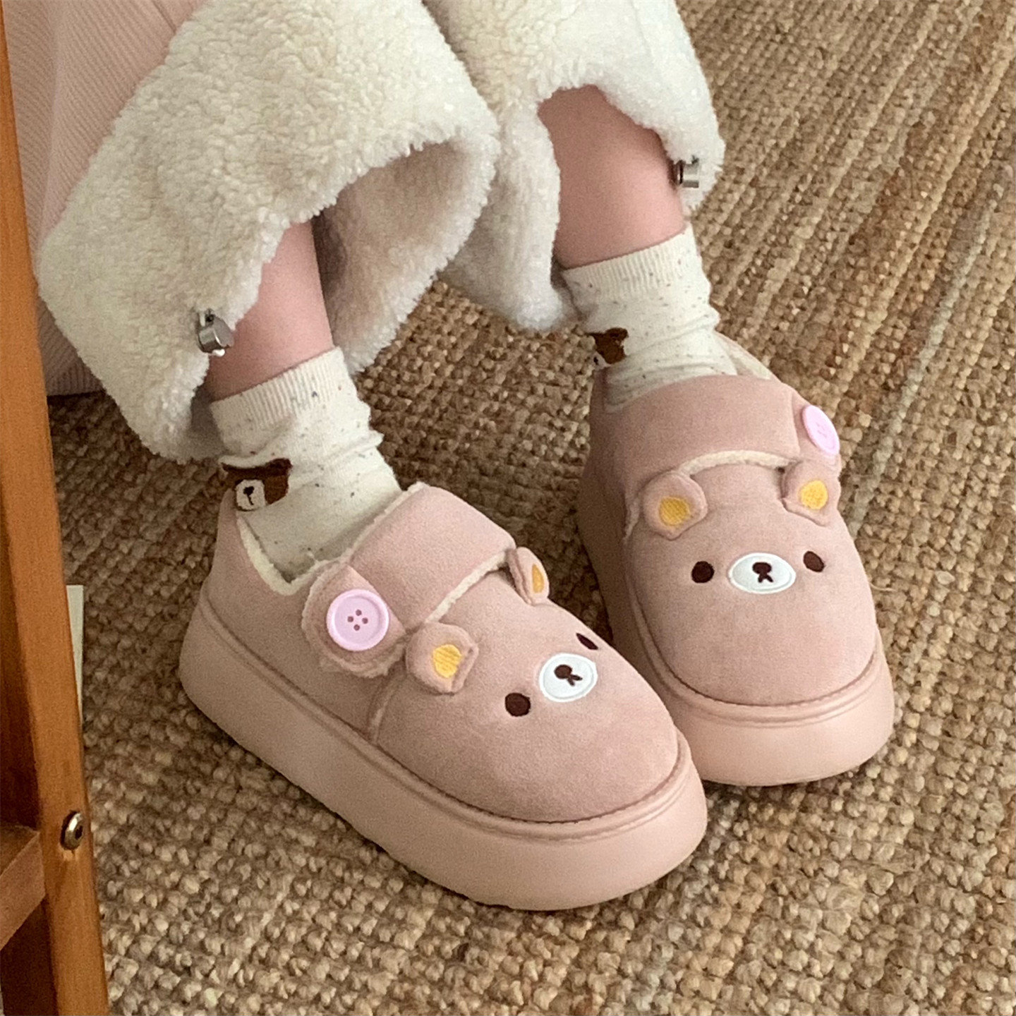 细细条软萌小熊魔术贴棉鞋女2025冬新款百搭可爱加绒面包鞋平底,淘宝优惠券,粉丝福利购,淘宝优惠卷