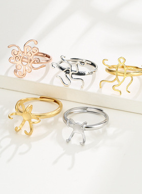 S925纯银戒指空托女18k金色diy蜜蜡琥珀松石貔貅戒托空托随形戒托