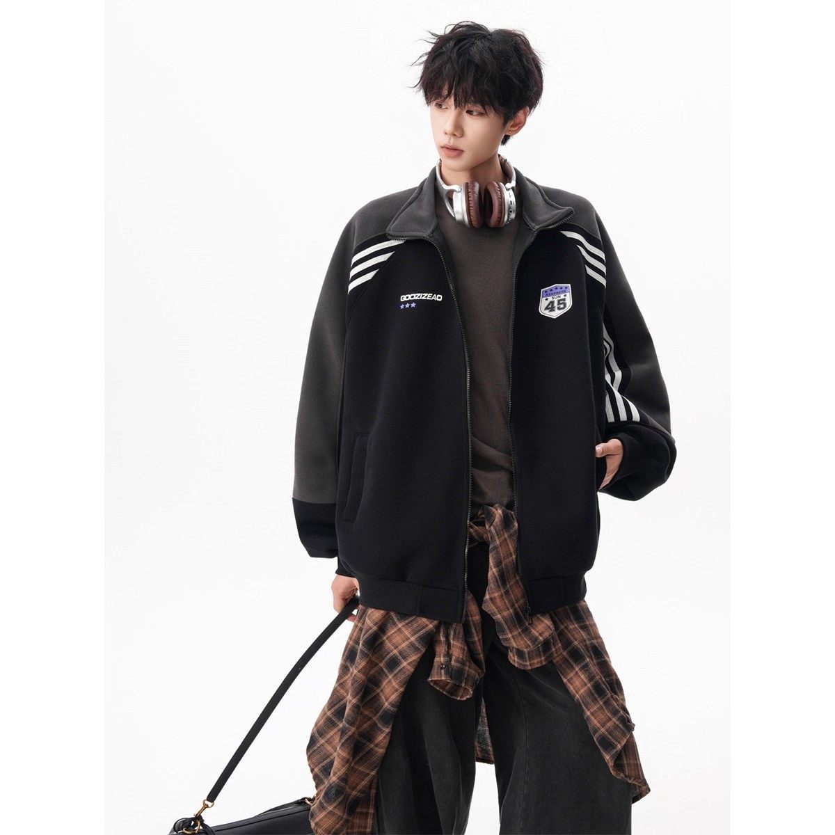 美式条纹撞色立领开衫卫衣男女春秋冬学院风宽松休闲运动夹克外套,淘宝优惠券,粉丝福利购,淘宝优惠卷