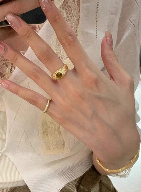 【寻光】中古金色虎眼石拉丝戒指复古高级感微镶锆石宽版食指戒