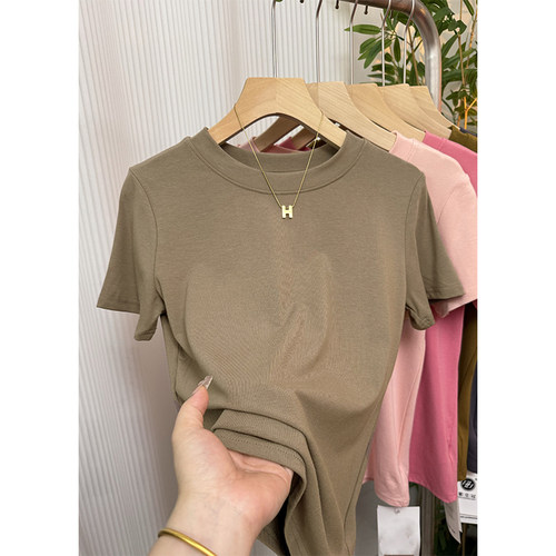 树莓粉圆领短袖T恤女2025年夏季新款纯色弹力打底衫气质上衣大码 - 图3