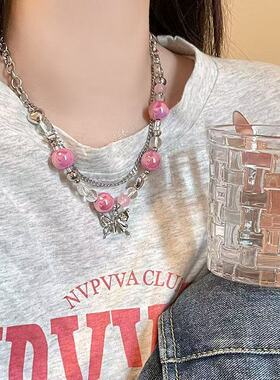 糖果色双层蝴蝶串珠项链女ins甜酷风网红辣妹配饰网红闺蜜锁骨链