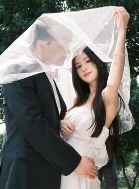 新娘求婚头纱超仙领证结婚短款头饰婚纱蓬蓬登记白色拍照道具蝴蝶