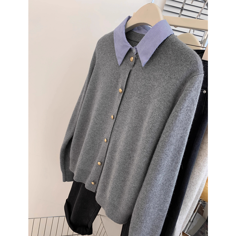 灰色polo领假两件针织开衫女秋冬季高级感欧货大码内搭衬衫领毛衣,淘宝优惠券,粉丝福利购,淘宝优惠卷