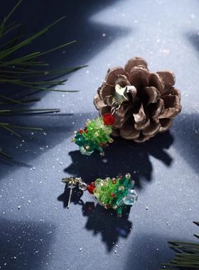 绿色圣诞树吊坠钛钢项链女款耳钉