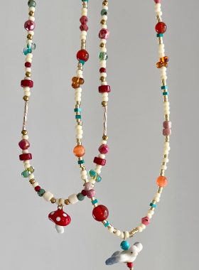 早春莺歌春夏小众手作彩色天然石米珠蘑菇项链可爱复古锁骨链女