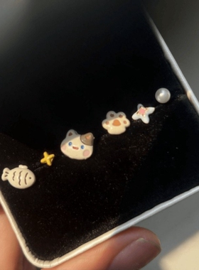 童趣可爱小鱼套装_猫猫和小鱼耳钉女小众设计甜美耳环森系新款ins