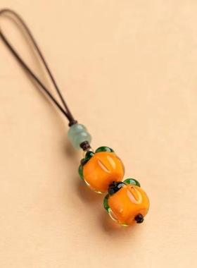 事事如意琉璃柿子手机链挂绳复古中国风柿叶有成钥匙挂件吊坠饰品