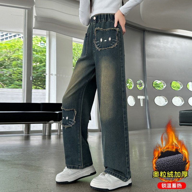 女童裤子秋冬款2025新款儿童阔腿裤中大童女孩直筒奥粒绒牛仔裤潮,淘宝优惠券,粉丝福利购,淘宝优惠卷