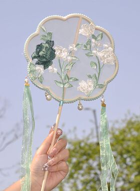 中国风刺绣团扇舞蹈扇古典舞扇子汉服拍照长柄团扇子蝴蝶桃花荷花