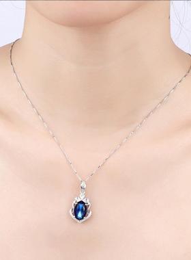 跨境S925纯银欧美风项链镶嵌蓝钢玉吊坠厂家项链批发饰品