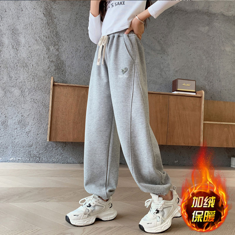 女童加绒裤子秋冬外穿2025新款冬季一体绒大童加厚卫裤儿童运动裤 - 图0