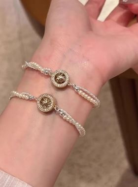 法式满钻八芒星圆盘吊坠手链时尚小众宫廷风双层缠绕串珠叠戴手饰