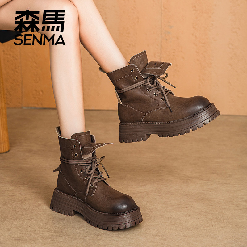 森马2025秋新款复古马丁靴女款百搭小个子加绒厚底百搭高帮短靴 - 图0