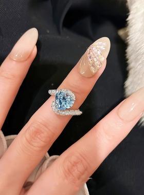 海洋之心仿圣玛丽亚色蓝色爱心钻戒小众设计高级感轻奢戒指