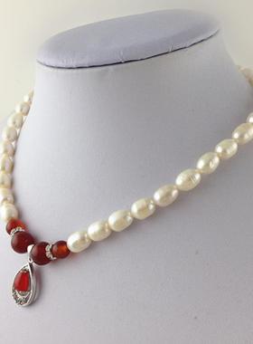 地摊创业专用 淡水珍珠项链8-9mm米形玉石珍珠吊坠 HFY-1737