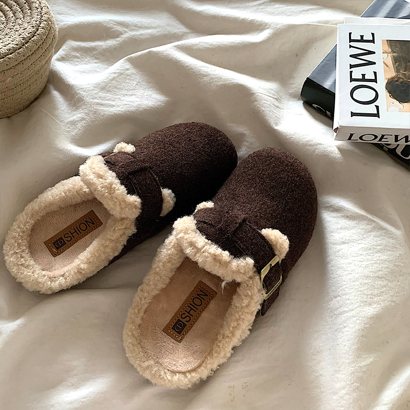 ~加绒勃肯半拖鞋女外穿ins毛茸茸一脚蹬保暖棉拖鞋灰色毛绒平底 - 图3